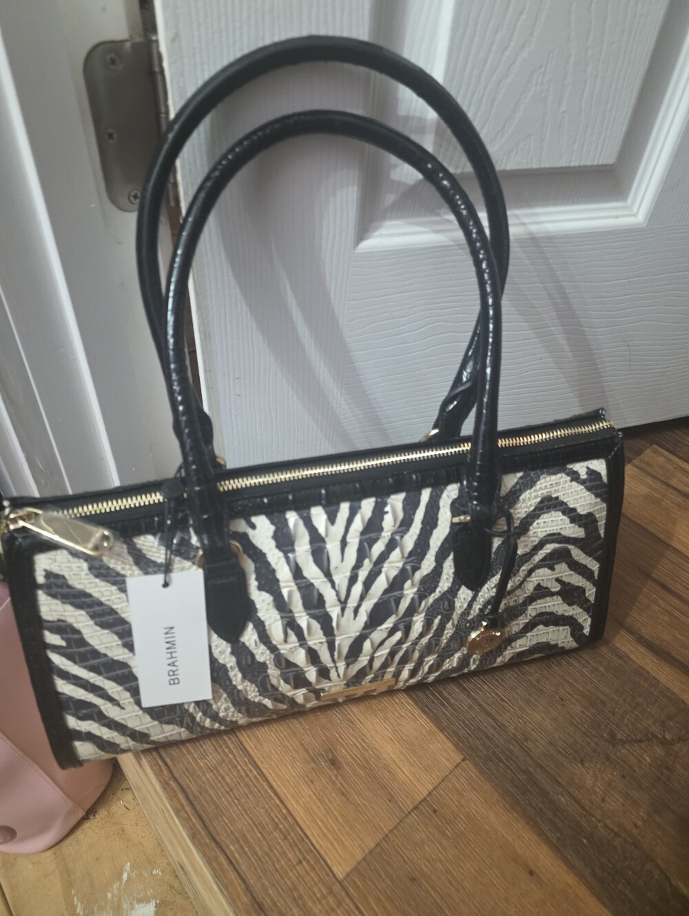 Zebra-Print Croc-Texture Tote Bag in Black and White